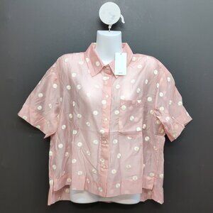 Mango Floral Embroidered Lyocell Short Sleeves Shirt Medium Pastel Pink